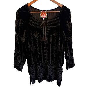 Johnny Was Velvet Tunic Whimsy Black Embroidered Goth Glam Tassel Small Top